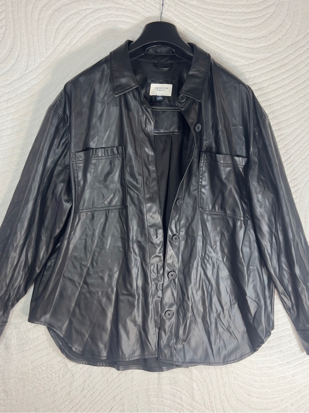 American Eagle Women Black Faux-Leather Button-Up Jacket Size L